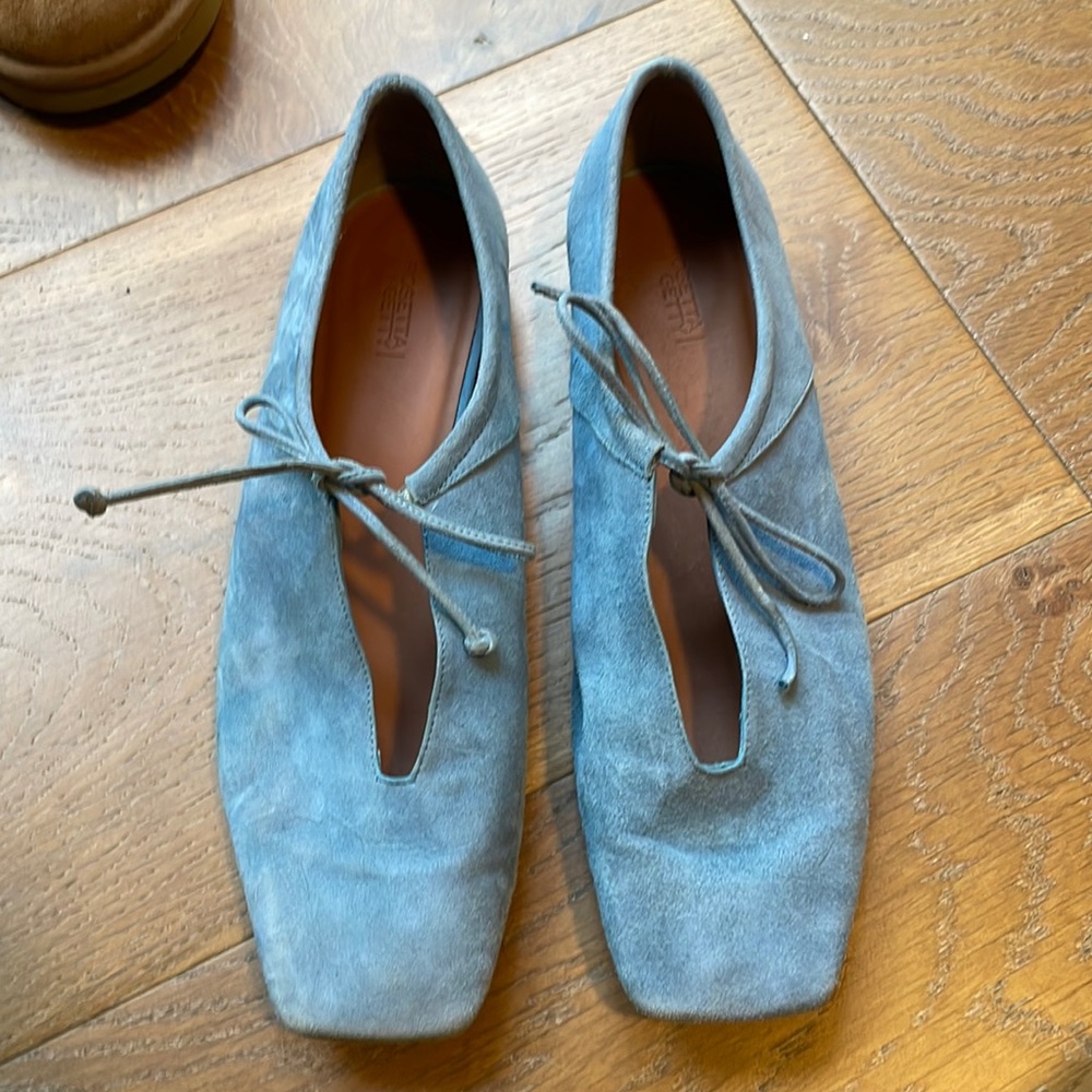 Rosetta Getty Blue Suede Square Toe Flats